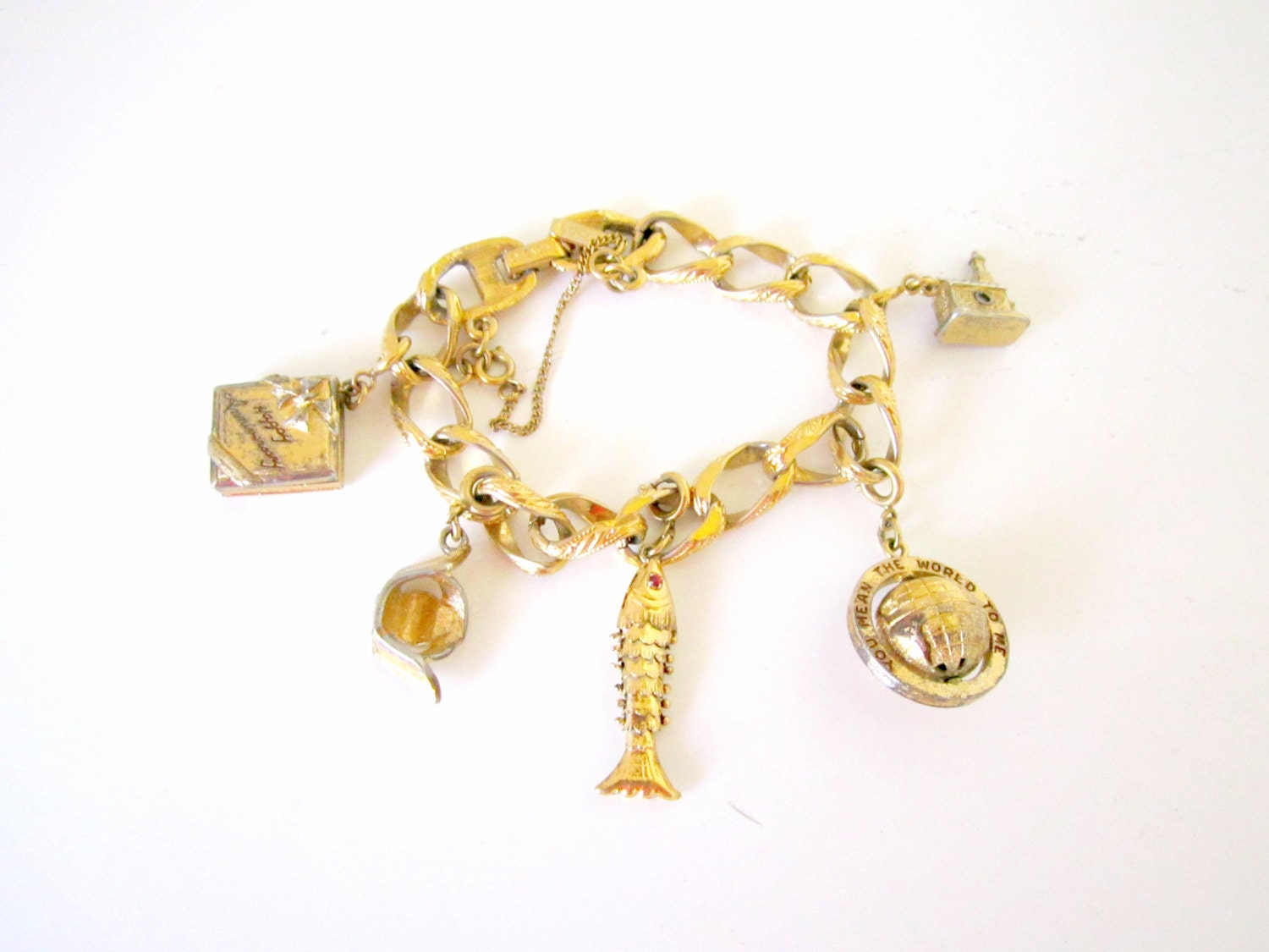 Vintage Monet Charm Bracelet Globe stanhope church nurse hat fish anniversary book moving parts