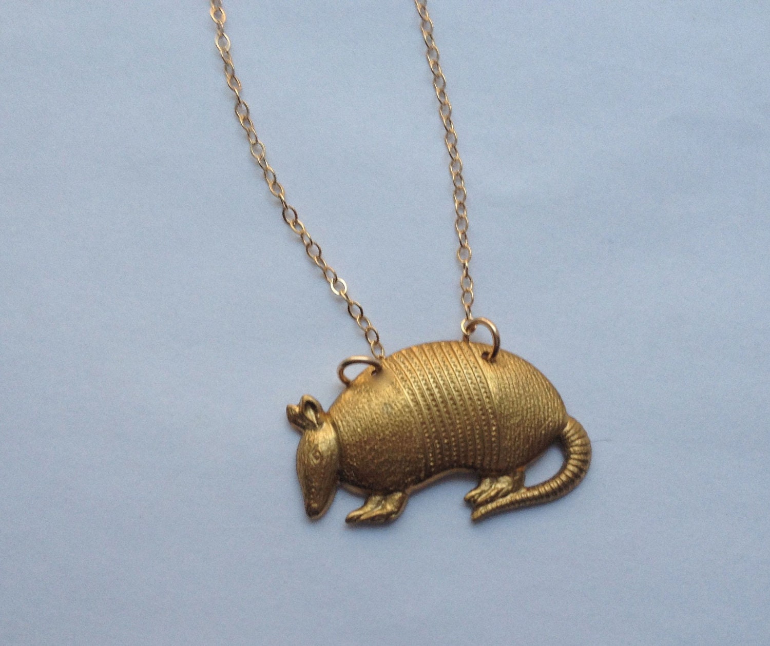 Armadillo necklace, brass armadillo on thin gold fill chain
