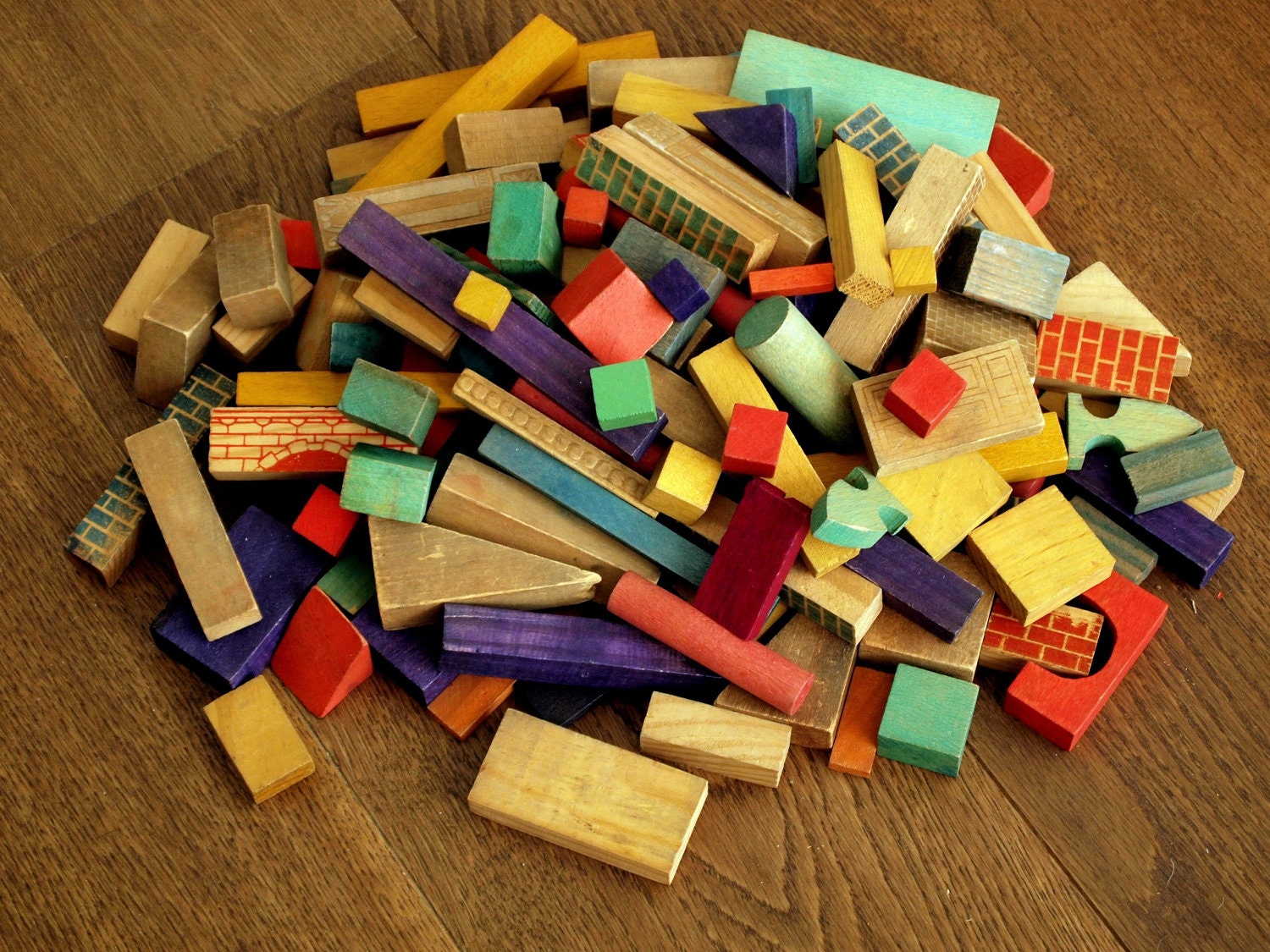 1930s - 1950s. 145 pcs. of Retro Wooden Toy Building Blocks