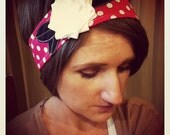 Lillie Wraps - Hot Pink Polka Dot Fabric Flower Velcro Headwrap Headband with a White Jersey Flower