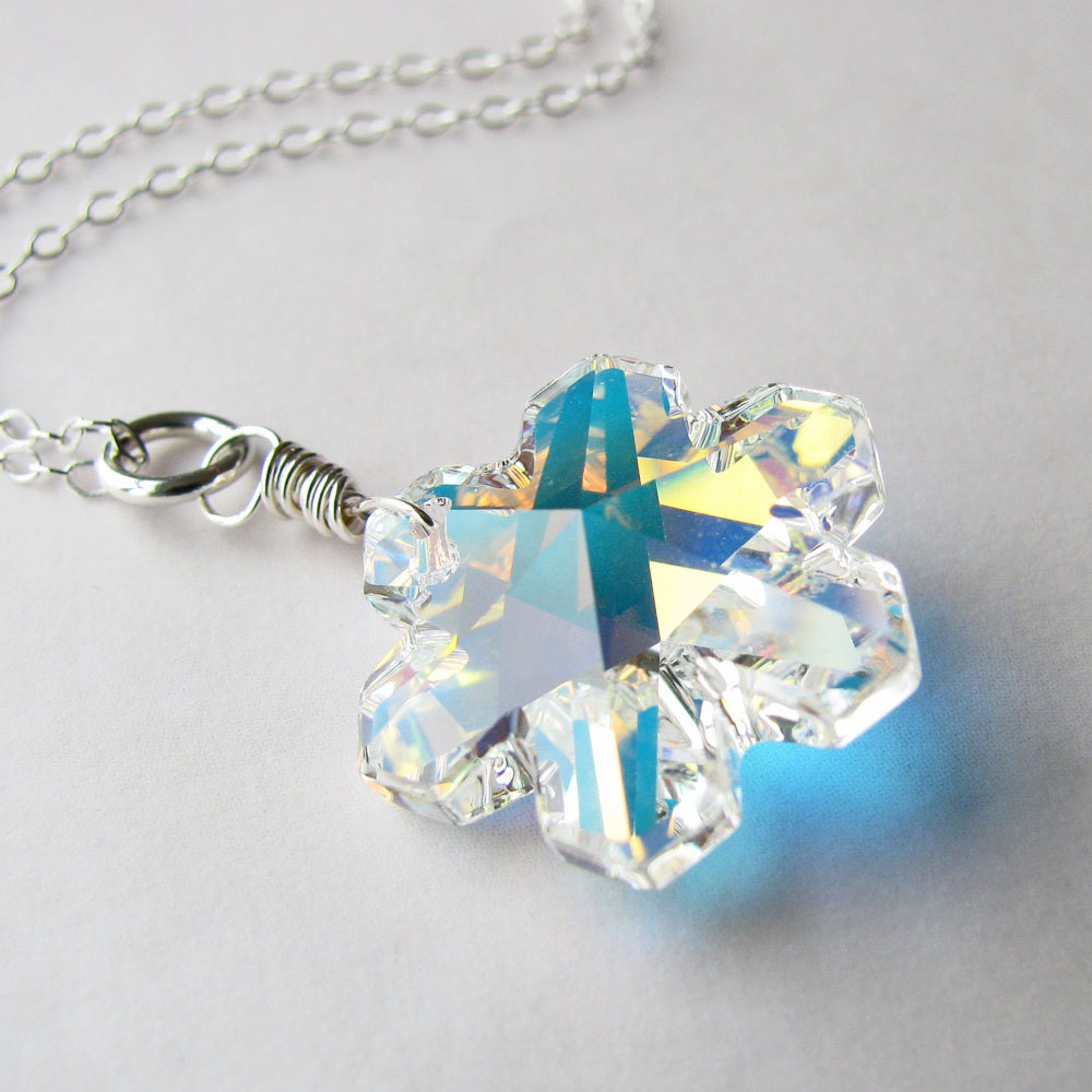 Crystal Snowflake Necklace, Swarovski Faceted Snowflake Pendant, Sterling Silver Chain - Winter Jewelry, Holiday Jewelry