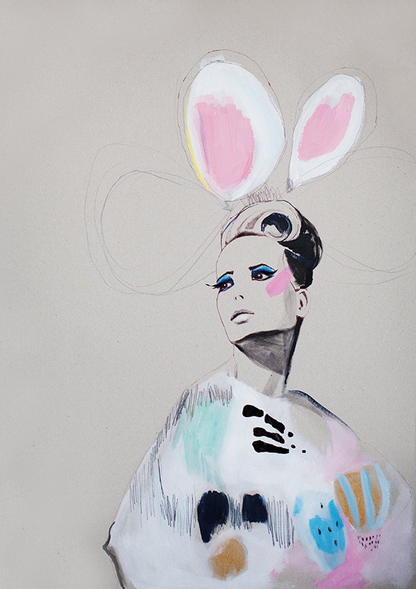 Fashion illustration, colorful, tribal girl acrylic painting, beige, pink, green
