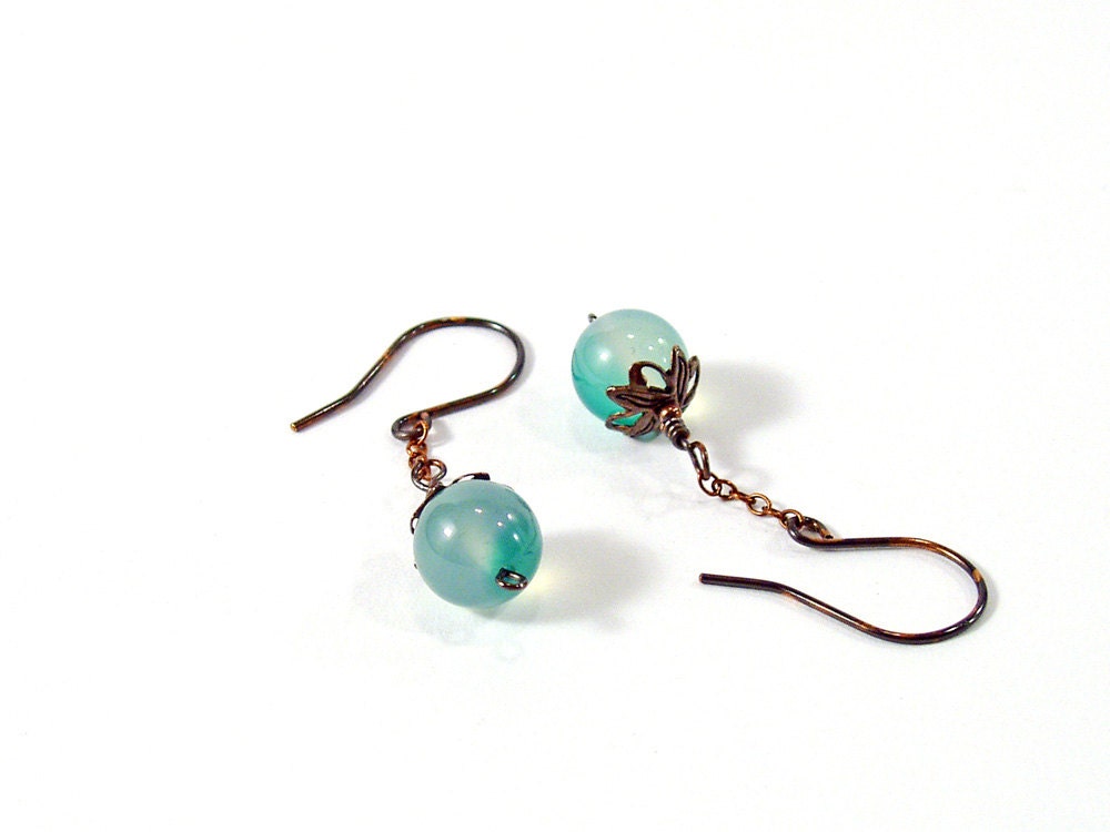 Green Agate Earrings, Chain Drop Earrings, Oxidized Copper