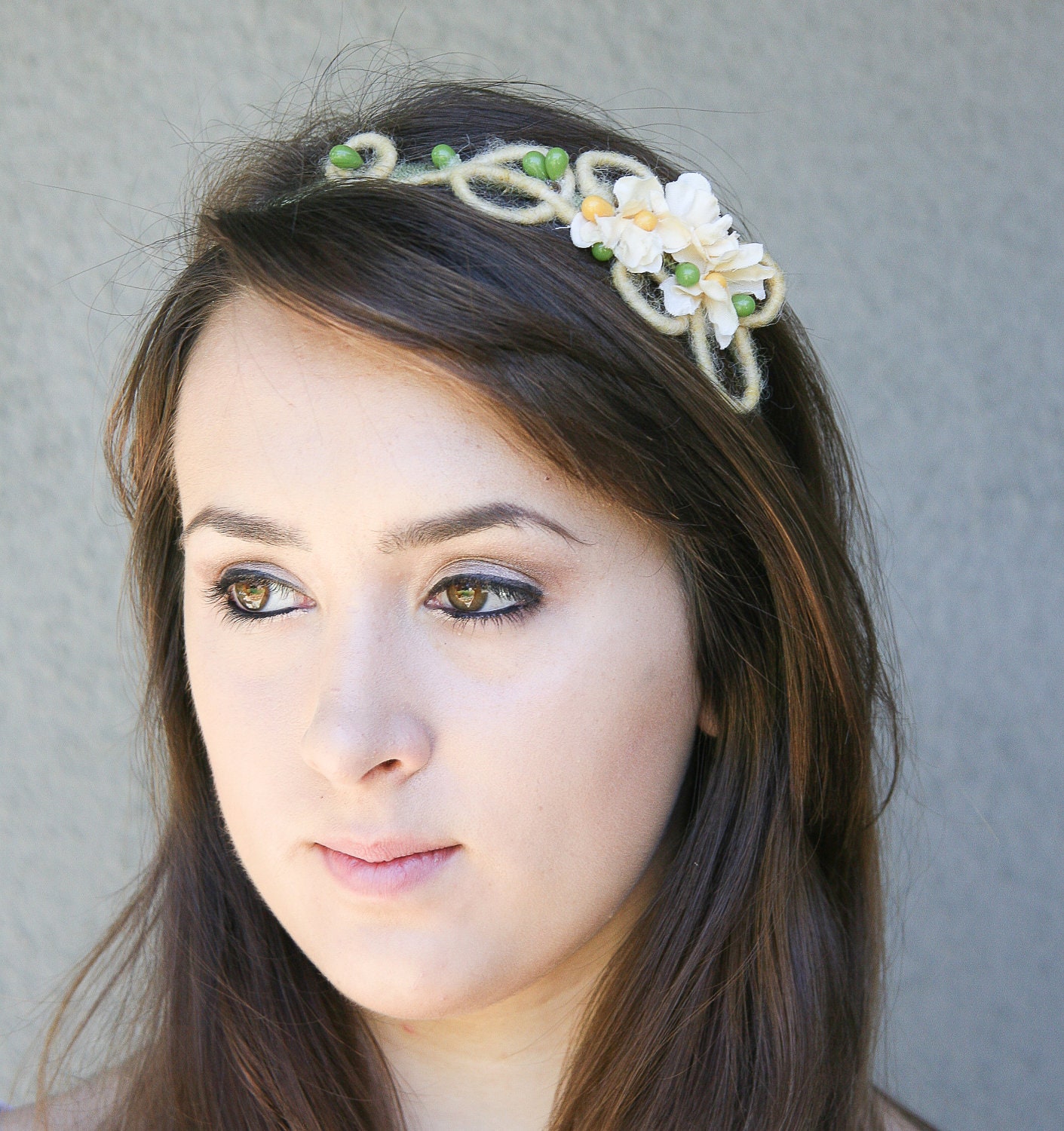One of a kind yellow and green flower headband, adult headbands