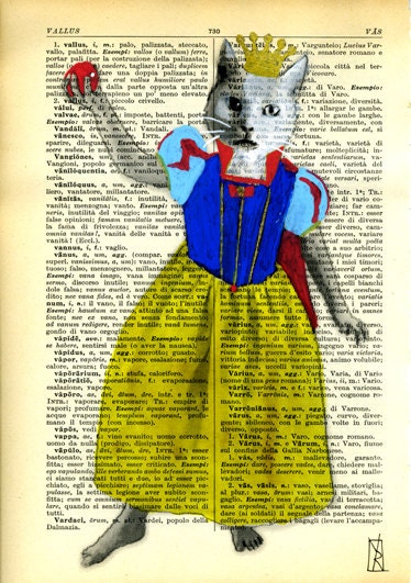 Snow White - Cat Art Illustration - Original Mixed Media Painting on 1920s Vintage Paper Italian Dictionary