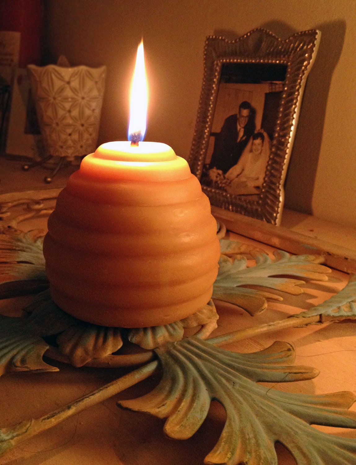 Beeswax Beehive Candle with Bees -- 3.25" x 3.25"