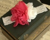 Patience - Ivory and Dark Pink Chiffon Fabric Flower on Lace Headband