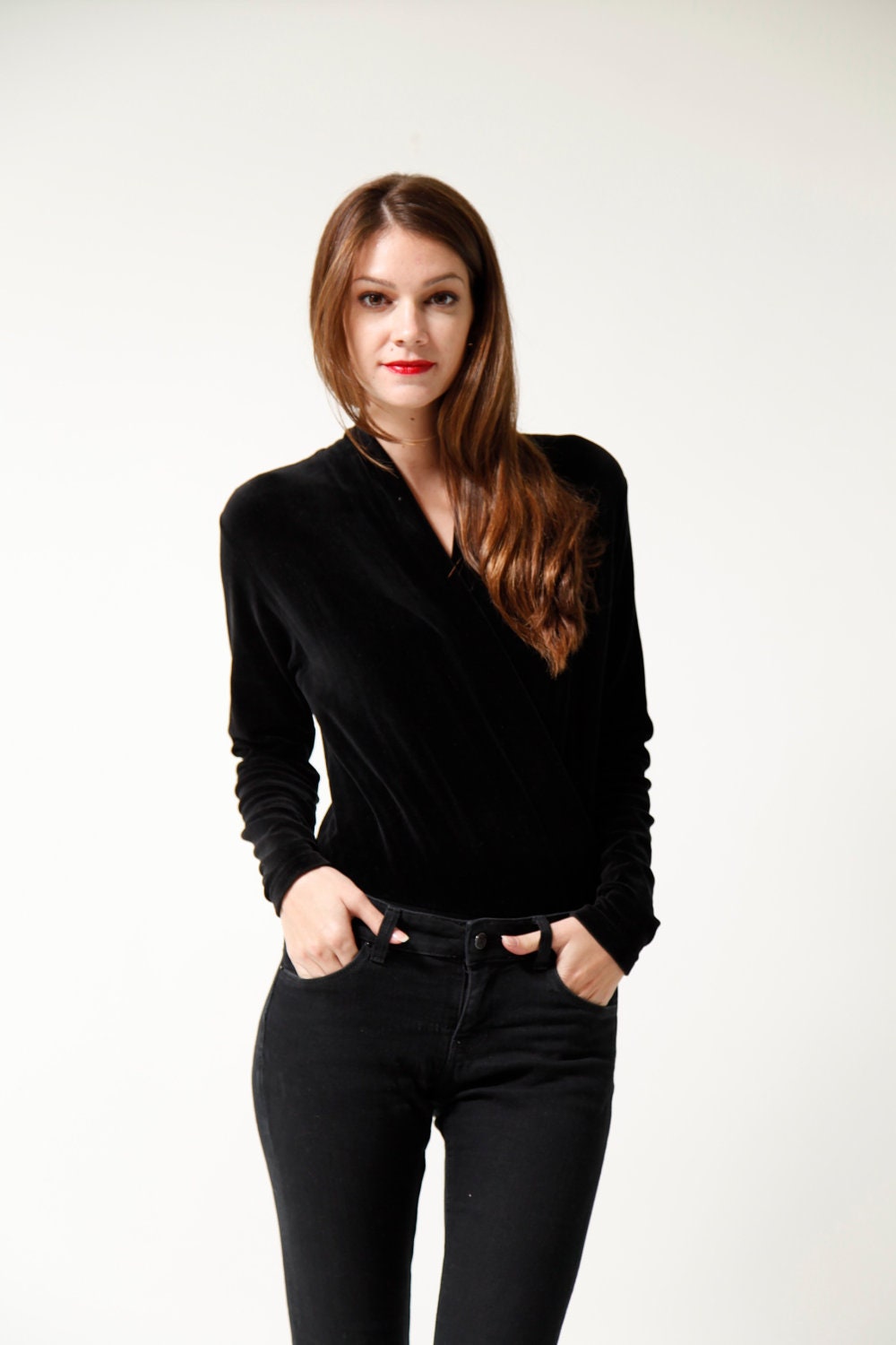 VINTAGE - 80s Black Velour Bodysuit Sz M