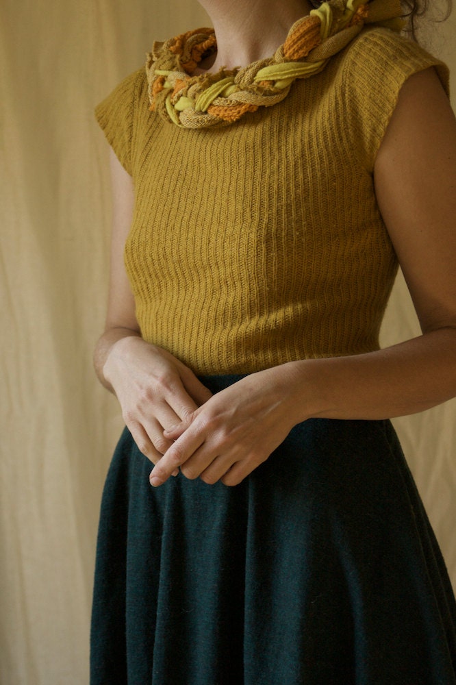 mustard sweater with braid collar