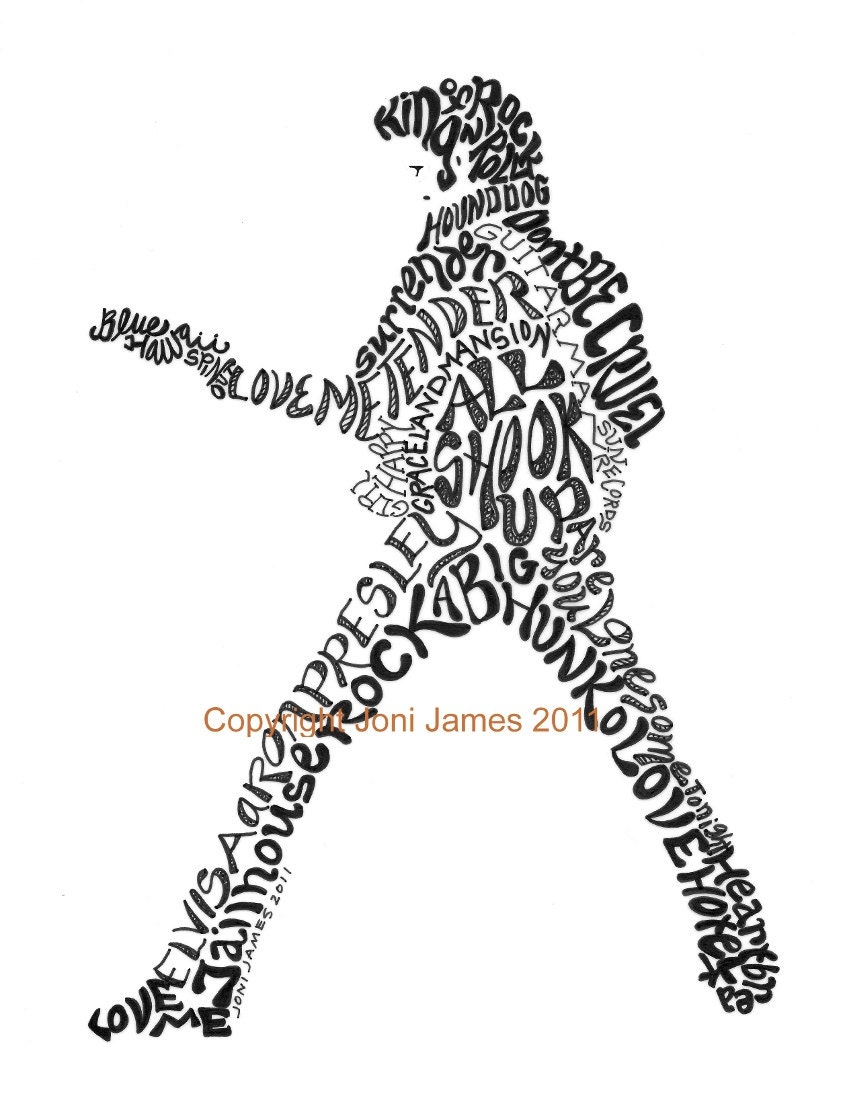 Elvis Presley Art Calligram Typography Drawing, Elvis Portrait Calligraphy Illustration, Famous Musicians Art Prints