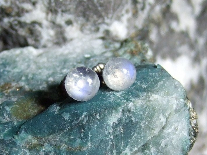 Rainbow Moonstone Blue Tint 6mm Stud Earrings Titanium Post and Clutch Hypo Allergenic Handmade in Newfoundland Icy Cool