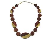 Half & Half - Vintage Teak Wood and Brass Necklace, Round and Oval Carved Wooden Beads with Diagonal Brass Inlay