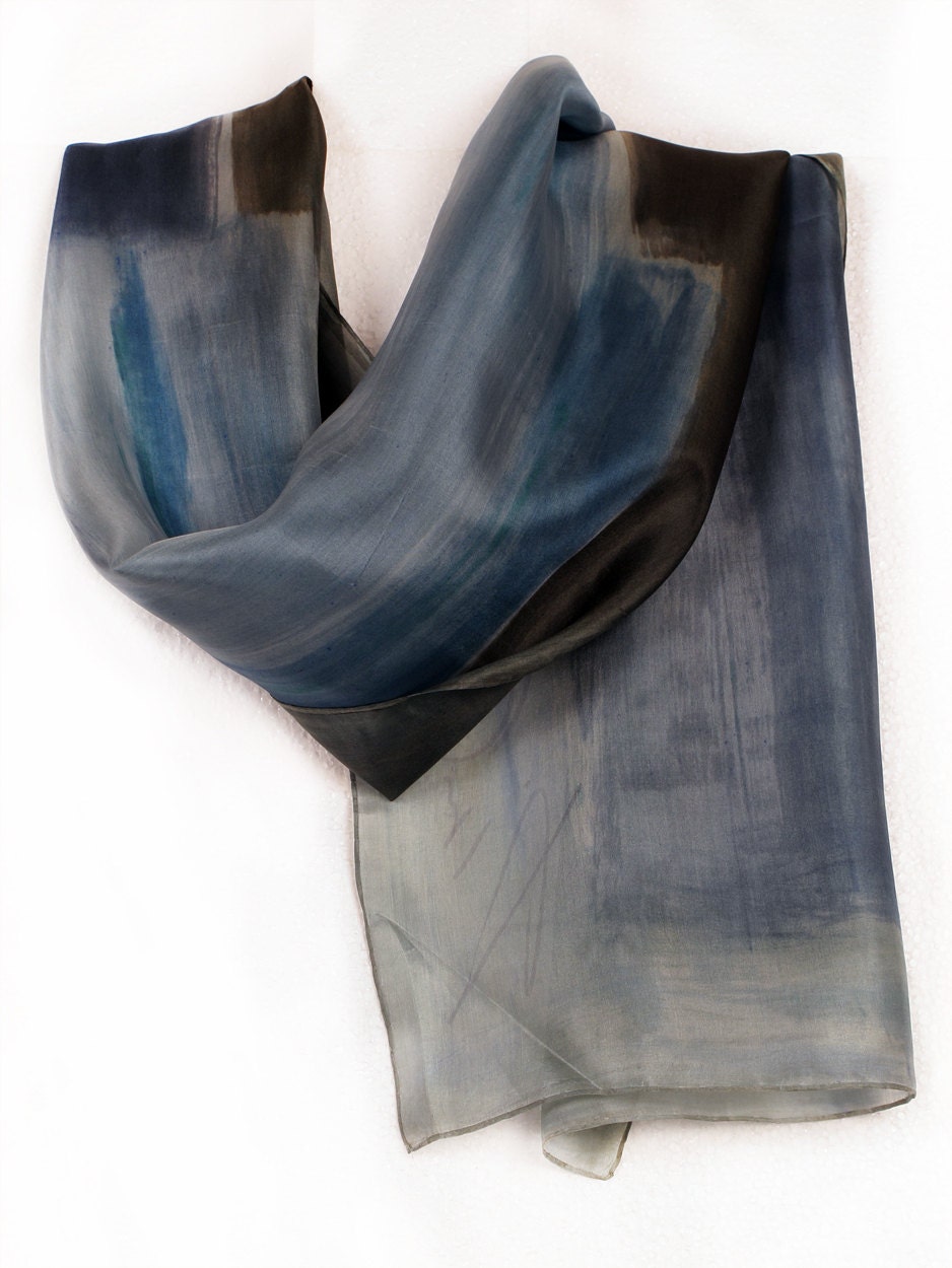 Grey silk scarf Hand painted silk scarf.Abstract flowers on silk in blue grey mood.Painting on silk by Dimo - klaradar