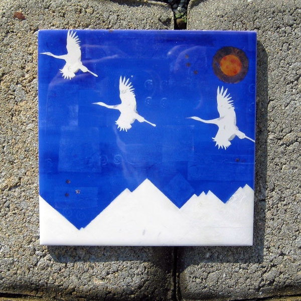 Ceramic Tile Bird Art Flying Cranes