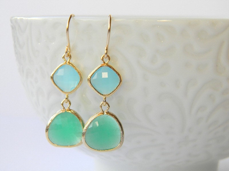 Color Block Earrings - Palace Green Earrings - Sky Blue Earrings - Gold Earrings - Bridesmaid Earrings - Bohemian Earrings - Gift for Her