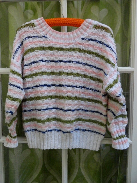 Vintage 60s Hand Knit Handmade Olive Green Pink Blue White Striped Vegan Long Sleeve Cable Knit Granny Sweater (sz S M)