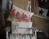 Vintage Thanksgiving Day Ride Turkey Cart Pillow red yellow green Old world