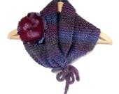 Knit scarf. Neckwarmer. Scarf with felt flower. Cowl with felt flower brooch. Gift for her. Blue purple burgundy
