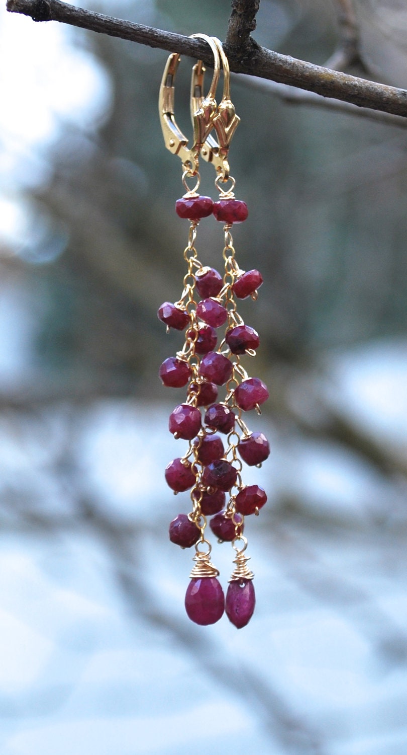 Ruby Gemstone and Gold Long Dangle Earrings - July Birthstone