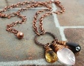 Rose Quartz, Citrine, Smoky Quartz Hand Wrapped Gemstone Briolette Necklace, Antiqued Copper