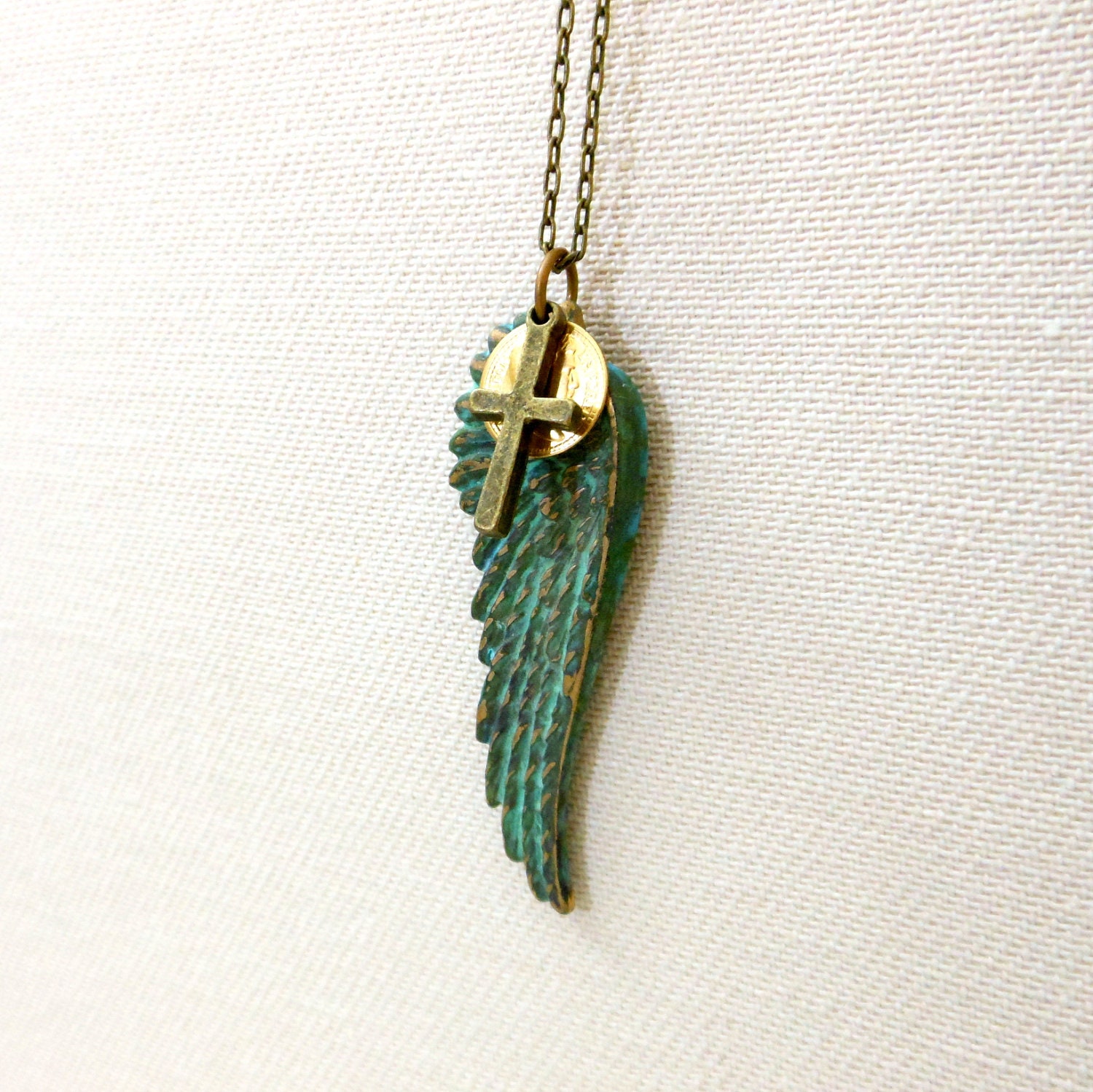 Crusader necklace w Roman coin, teal grungy angel wing, religious cross