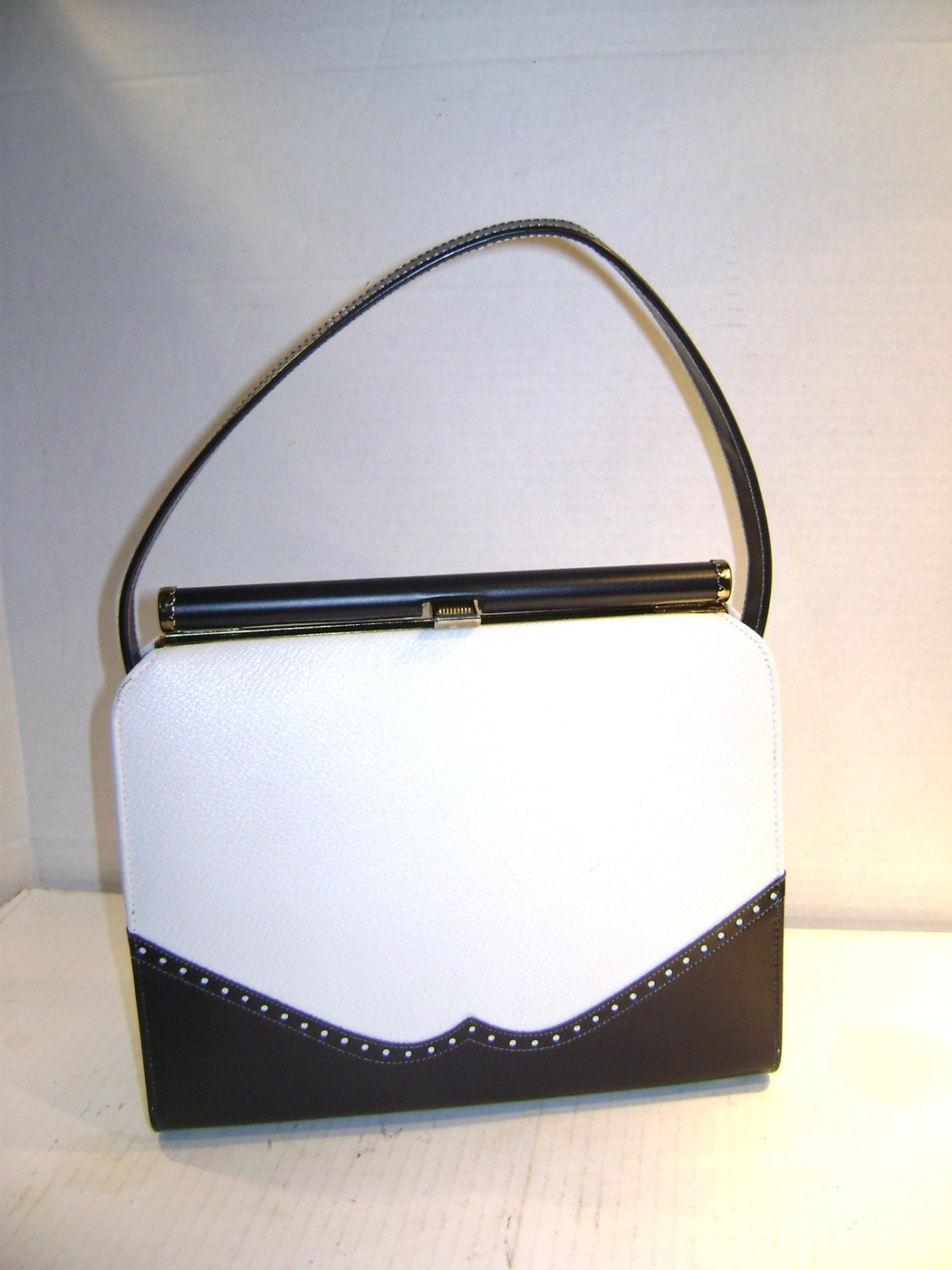 RESERVED FOR Estelle, Vintage Spectator Style Handbag, Naturalizer, white and navy perforated, 70s retro, Summer, Vegan Simulated Leather