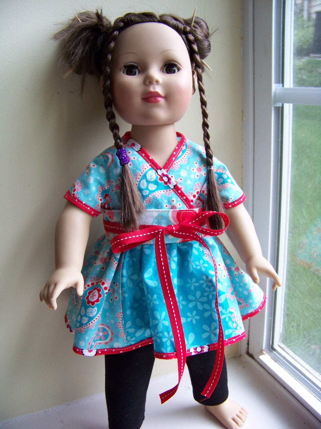 18" doll kimono (kyoko) style shirt with reversible belt in Sugar and Spice