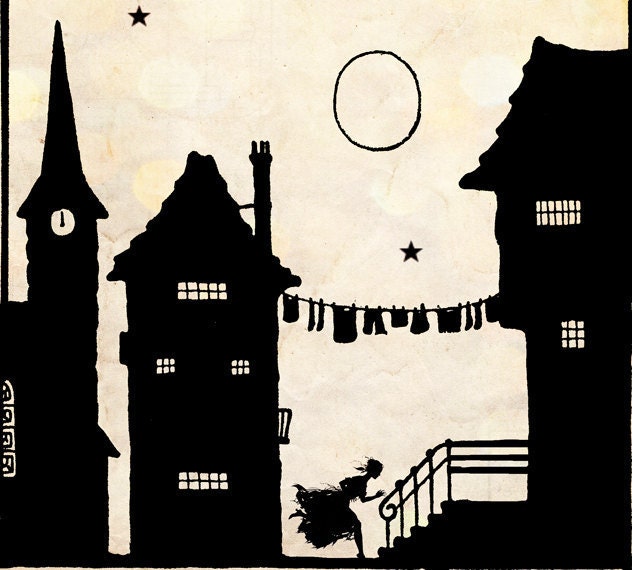 Vintage Fairy Tale Illustration "These Old Walls" Houses Village Silhouette - Black and White Paper Cut Art - European Town Scene