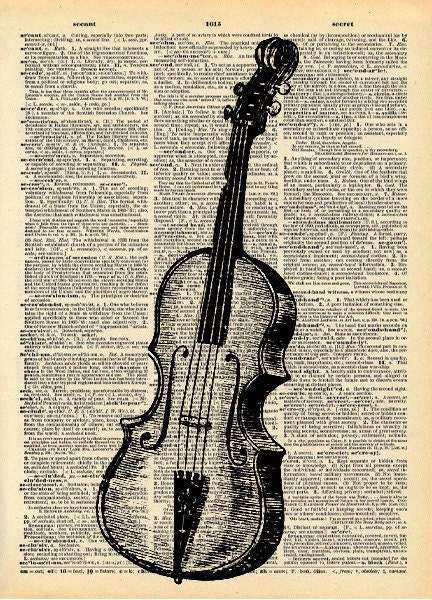 Fiddle Violin Print - Vintage Book Print - Recycled Antique Book Print - Musical Instrument Folk Music - Vintage Dictionary Print