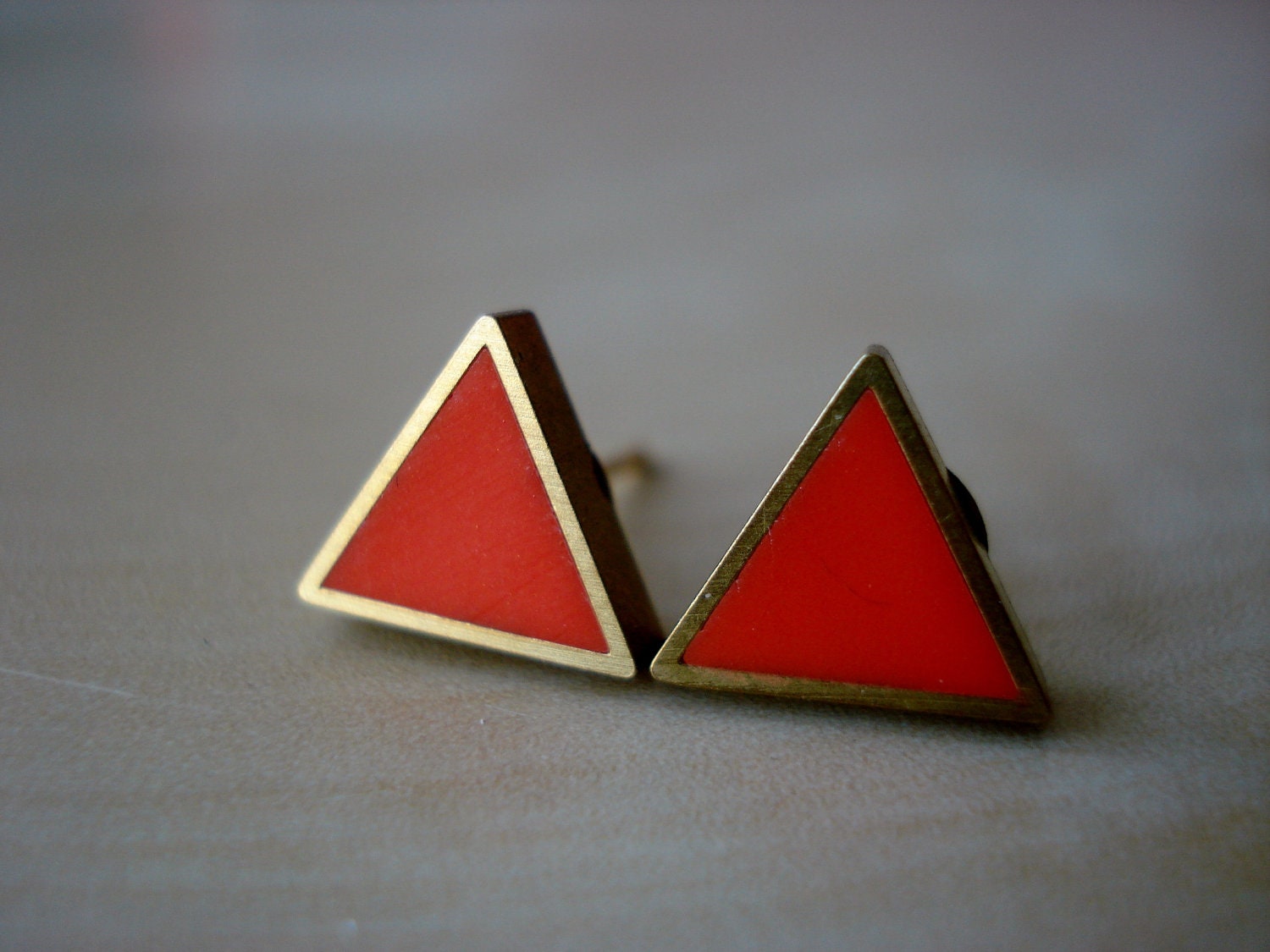 hot coral small brass triangle stud earrings