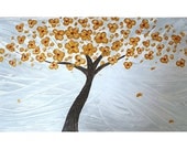 Original Painting Abstract Cherry Blossom Tree, Modern Art Fantasy Landscape, Gold Flowers on Silver and White, 12x24, Free Shipping