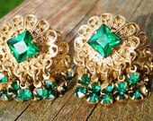 Vintage Earrings 3D Filigree Victorian Emerald Green Rhinestone 13 Dangling Large Square Jewel Tone Statement Retro Victorian Style 50s