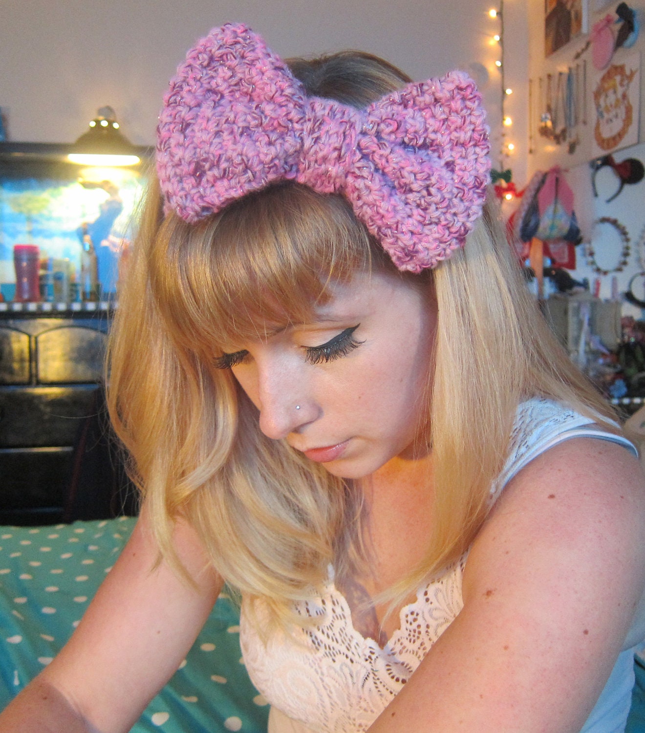 Mixed Pink Sparkle Crocheted Big Bow Ear Warmer Headband