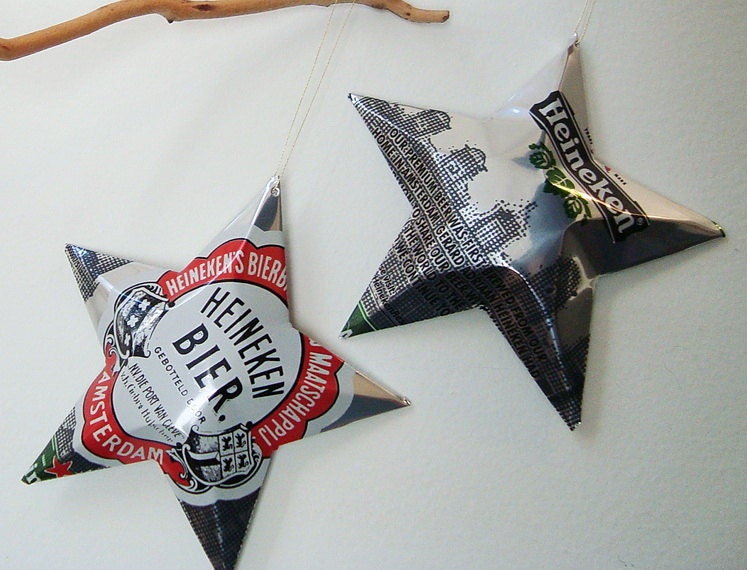Heineken Bier from Amsterdam Beer Stars Christmas Ornaments Aluminum Can Upcycled