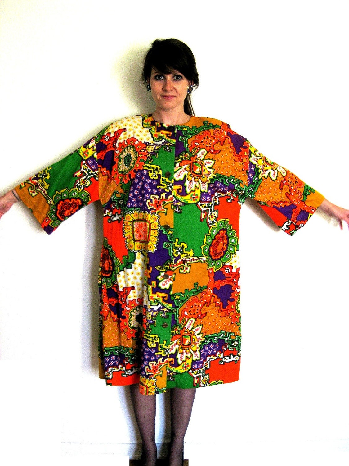 Psychedelic Neon Floral Print 60's Coat Dress Jacket by Lorraine, MEDIUM, LARGE