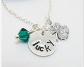 SALE -Hand Stamped Lucky Charm Necklace with Four Leaf Clover Charm