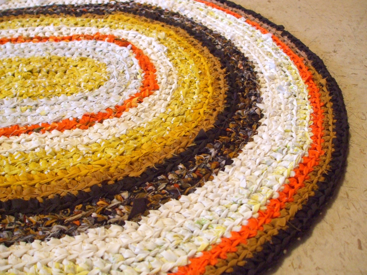 Custom Made Hand Crochet Rag Rug - Urban Oval in Brown, Yellows, Gold and Neutrals 29" x 33"