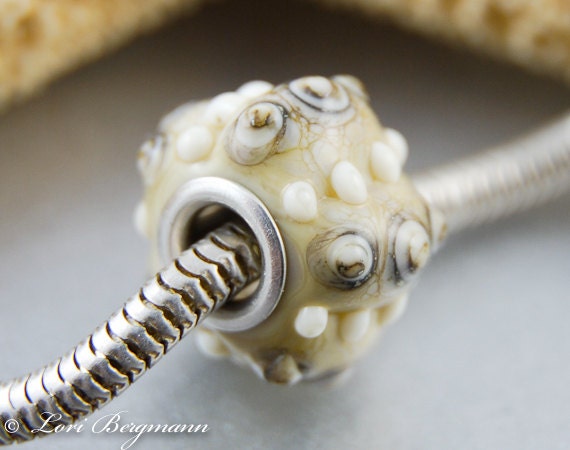 Sea Urchin Large Hole Charm Bead, Lampwork Glass, Beach Ocean Jewelry, Ivory, Handmade SRA