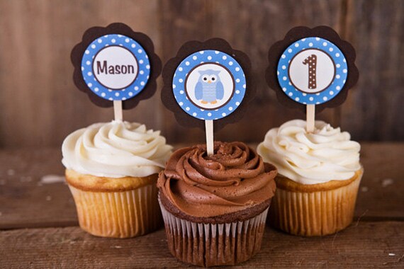 Owl Theme Cupcake Toppers - Owl Happy Birthday Party Decorations - Owl Theme Birthday Party in Blue and Brown Il_570xn