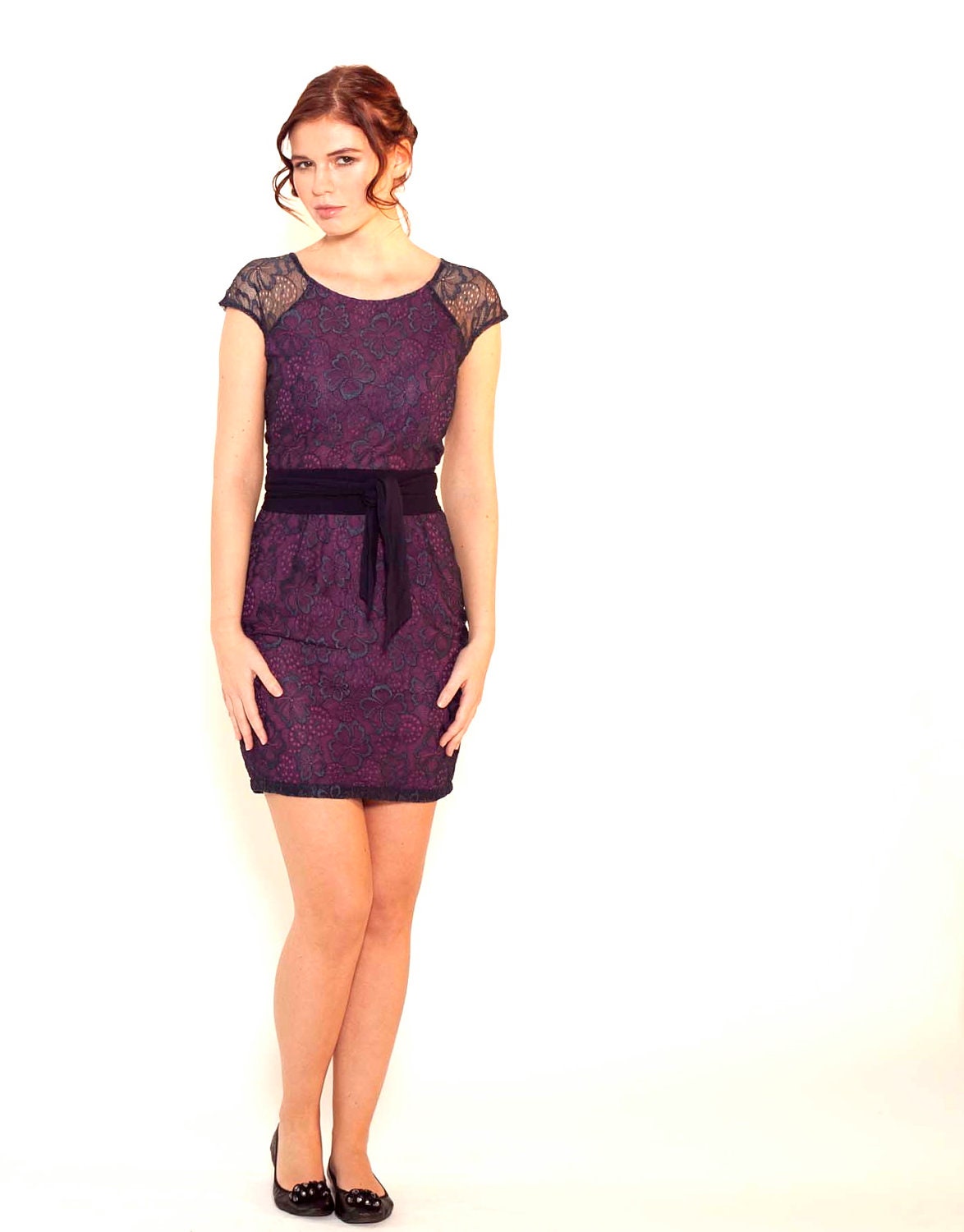 Womens Lace Dress in Navy Blue Dark Plum Purple Sheer Sleeves Belted Casual Slim Fit, Pencil Cut Skirt - ELIZA