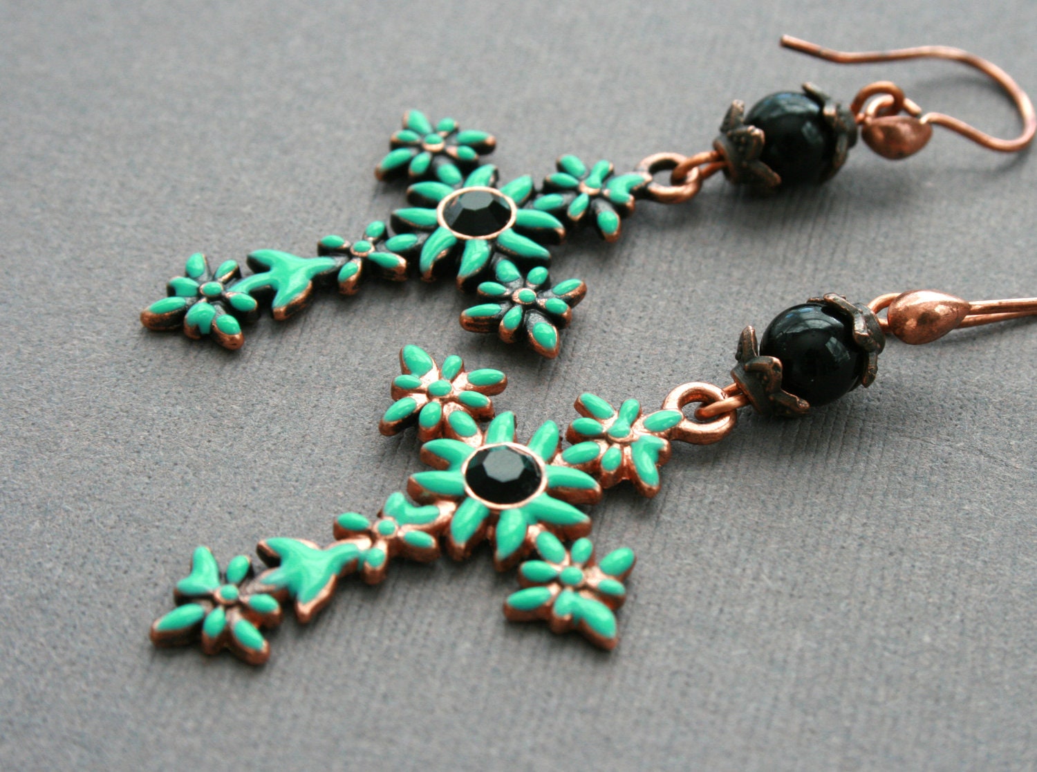 Turquoise Cross Earrings with antiqued copper and black onyx, medium long with teal blue enamel