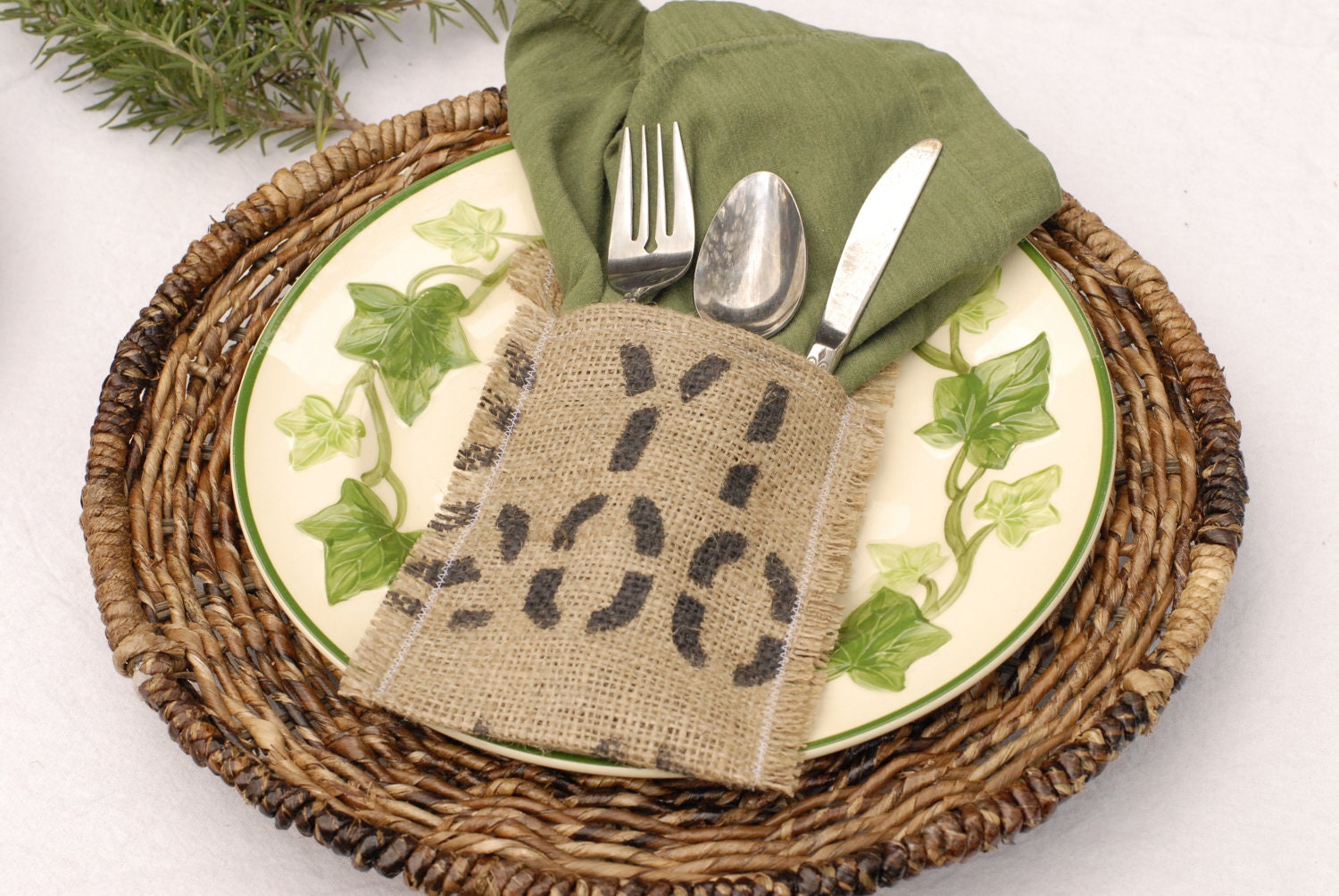 Upcycled Burlap Coffee Bag Napkin/Flatware Pockets // Natural table linens
