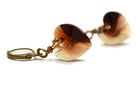 Brown Heart Earrings, Swarovski Crystal Hearts Antiqued Brass Wire Wrapped Chocolate Caramel Dangle Fall Fashion