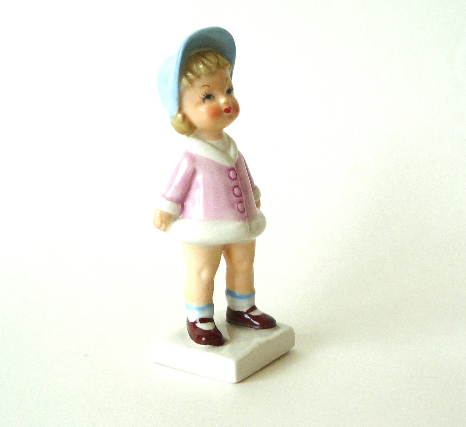 Figurine - Ceramic - Little Girl - Toddler - Pink Coat - Sweet - Adorable - 1950s - Angelic - Cherub - Blonde - Daughter