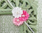 Satin Flower Headband, White, Pink & Hot Pink Satin Flower Trio w/ Pearls Headband or Hair Clip, The Emily, Baby Child Girls Headband