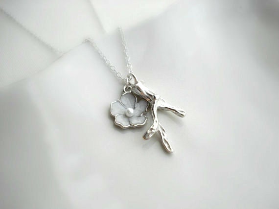 Flower Branch Necklace In Silver, Twig Necklace. Sakura Blossom, Cherry Blossom, Wedding Jewelry, Pendant