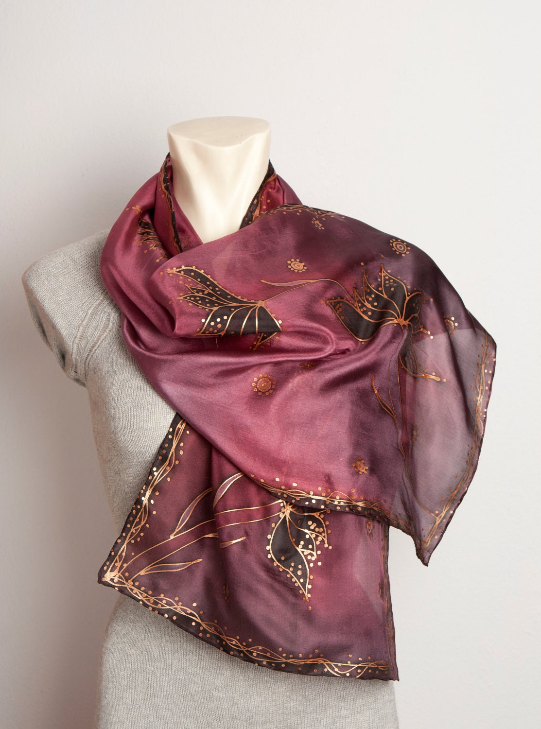 Mother Day Present Spring Fashion Elegant  Hand Painted Silk Scarf with Night Flowers Present Grey Pink Red  13 X 51