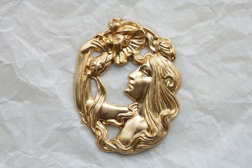 2 Vintage Brass Art Nouveau Diaphanous Maiden Stampings