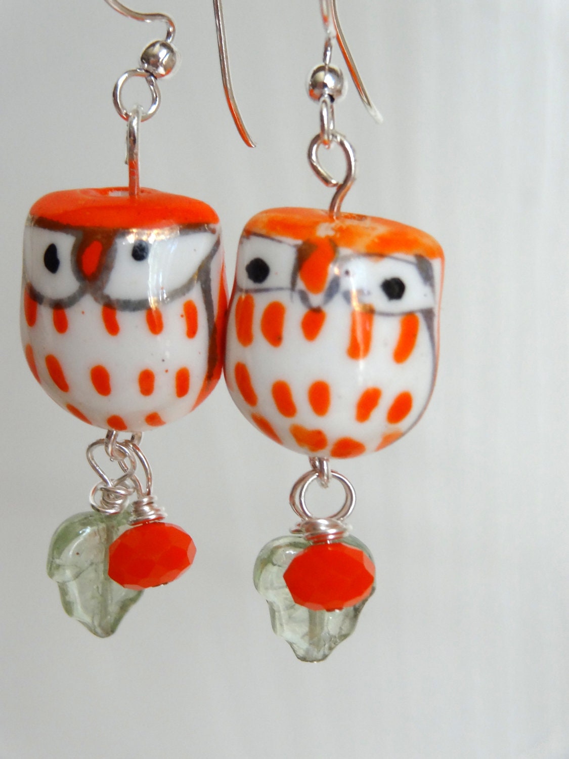 Orange Owl Earrings Woodland Owl Earrings Whimsical Owl Bead Owls Green Leafs Bridesmaid Gifts Gift For Her Ceramic Owl