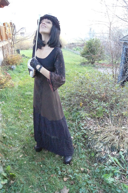 Dress - Steampunk - Victorian Bohemian Gypsy - Long Patchwork Dress - Maxi Dress - Fashion Designer Clothing - Black & Brown - Size X- Small